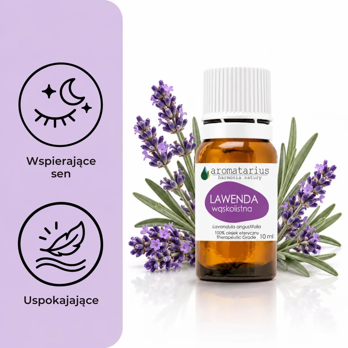 Olejek eteryczny Lawenda wąskolistna BIO 10 ml Aromatarius: flakon i właściwości (wspiera sen, uspokaja)